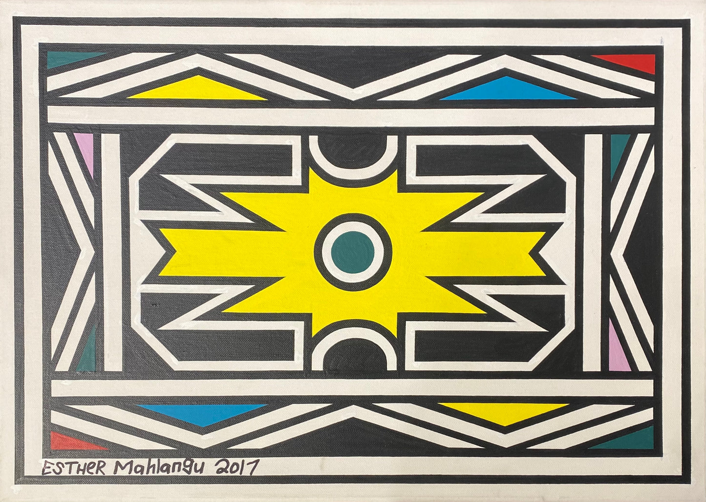 Esther Mahlangu (g. 1935, PAR) | Ndebele Pattern, 2017 | Akrilas, drobė, 42x59 (47,5x64,5)