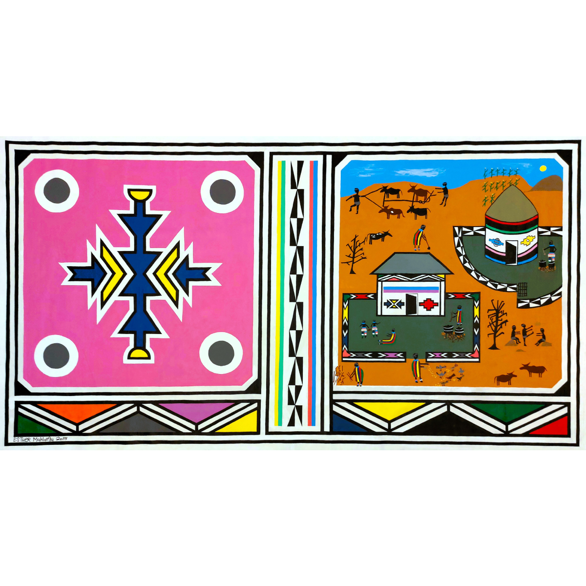 Esther Mahlangu (g. 1935, PAR) | Ndebele Dwelling, 2015 | Akrilas, drobė, 168x304