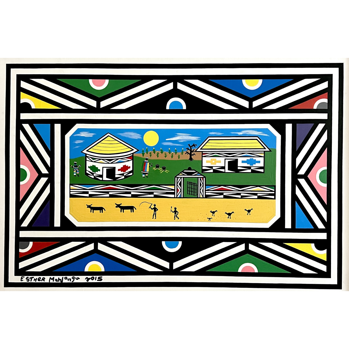 Esther Mahlangu (g. 1935, PAR) | Ndebele Dwellings, 2015 | Akrilas, drobė, 65x95 (71x101)