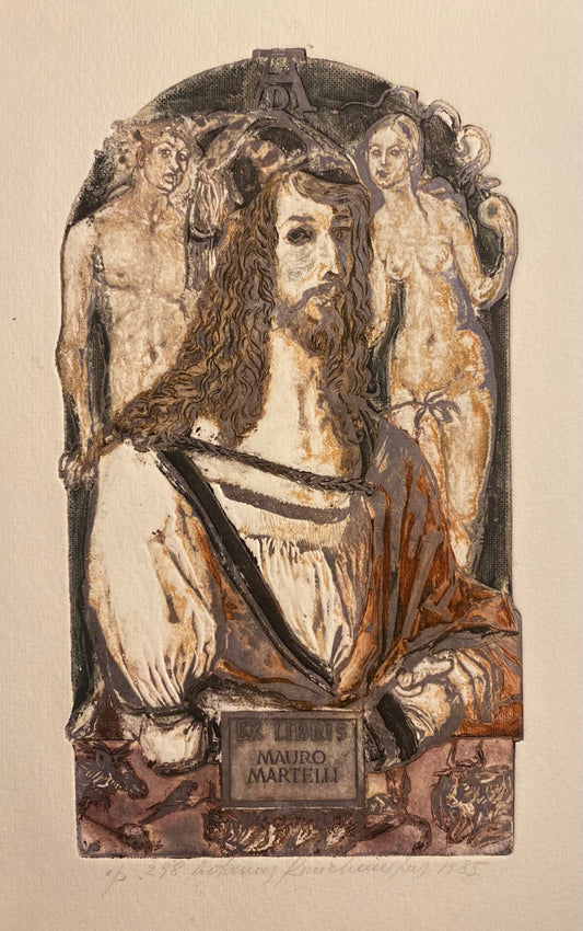 Antanas Kmieliauskas | Ekslibris Mauro Martelli, 1985 | Pop., autorinė technika (spalv. tekstolito estampas), 17x10