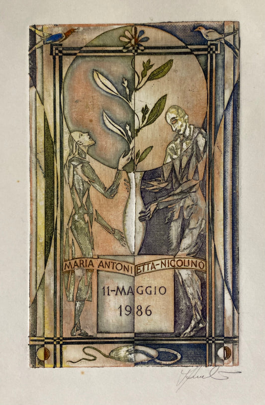 Antanas Kmieliauskas | Ekslibris Nely Van De Weerd, 1996 | Pop., autorinė technika (spalv. tekstolito estampas), 13x8 (23x17)