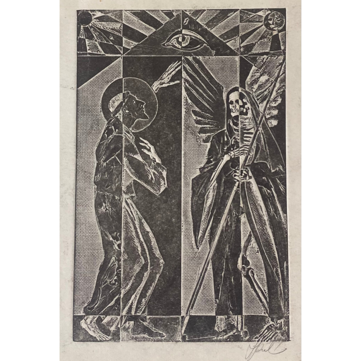 Antanas Kmieliauskas | Šv. Pranciškus ir Sesuo Mirtis | Pop., autorinė technika (spalv. tekstolito estampas), 13x8,5