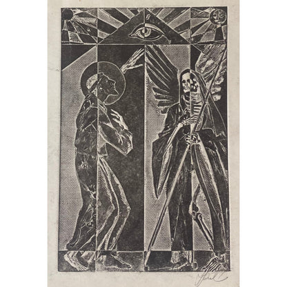 Antanas Kmieliauskas | Šv. Pranciškus ir Sesuo Mirtis | Pop., autorinė technika (spalv. tekstolito estampas), 13x8,5