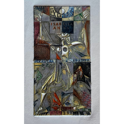 Antanas Kmieliauskas | Ad astera per astra. Ekslibris Isabella Anna, 1984 | Pop., autorinė technika (spalv. tekstolito estampas), 11,4x6 (23.5x17)