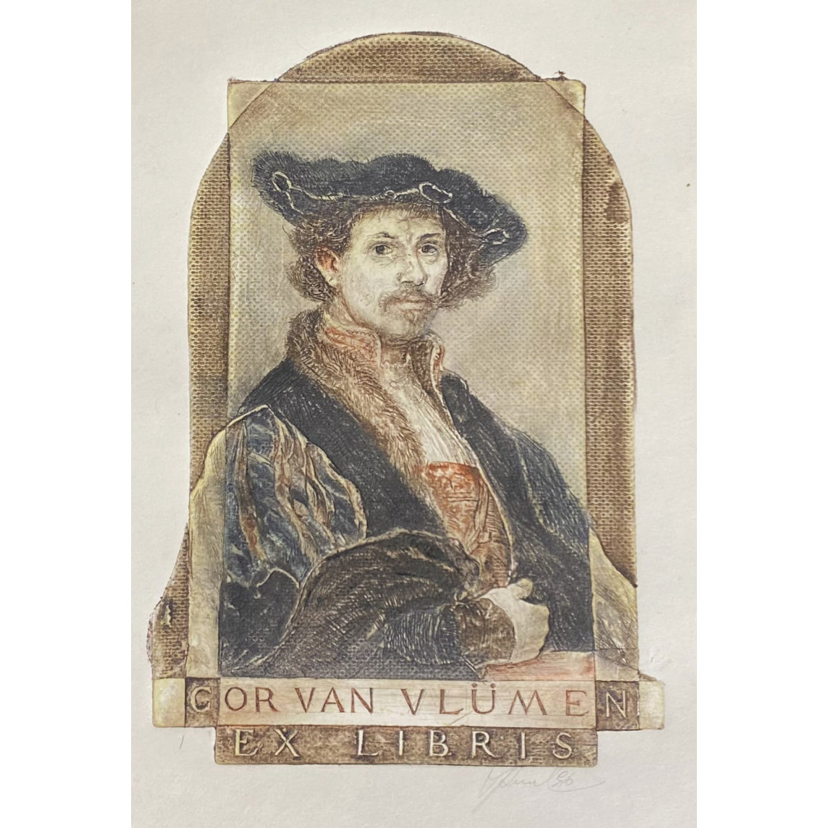 Antanas Kmieliauskas | Ekslibris Cor van Vlijmen, 1996 | Pop., autorinė technika (spalv. tekstolito estampas), 13x9 (26x20)