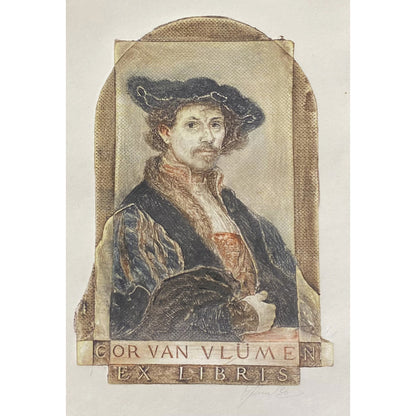 Antanas Kmieliauskas | Ekslibris Cor van Vlijmen, 1996 | Pop., autorinė technika (spalv. tekstolito estampas), 13x9 (26x20)