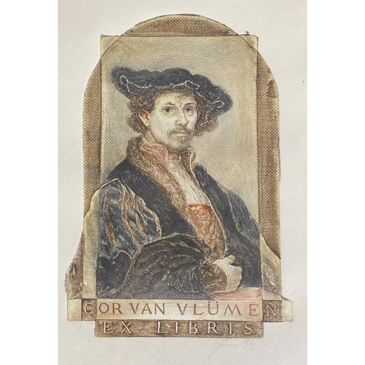 Antanas Kmieliauskas | Exlibris Cor van Vlijmen , 1996 | Paper, author's technique (coloured textile lithograph), 13x9 (26x20)