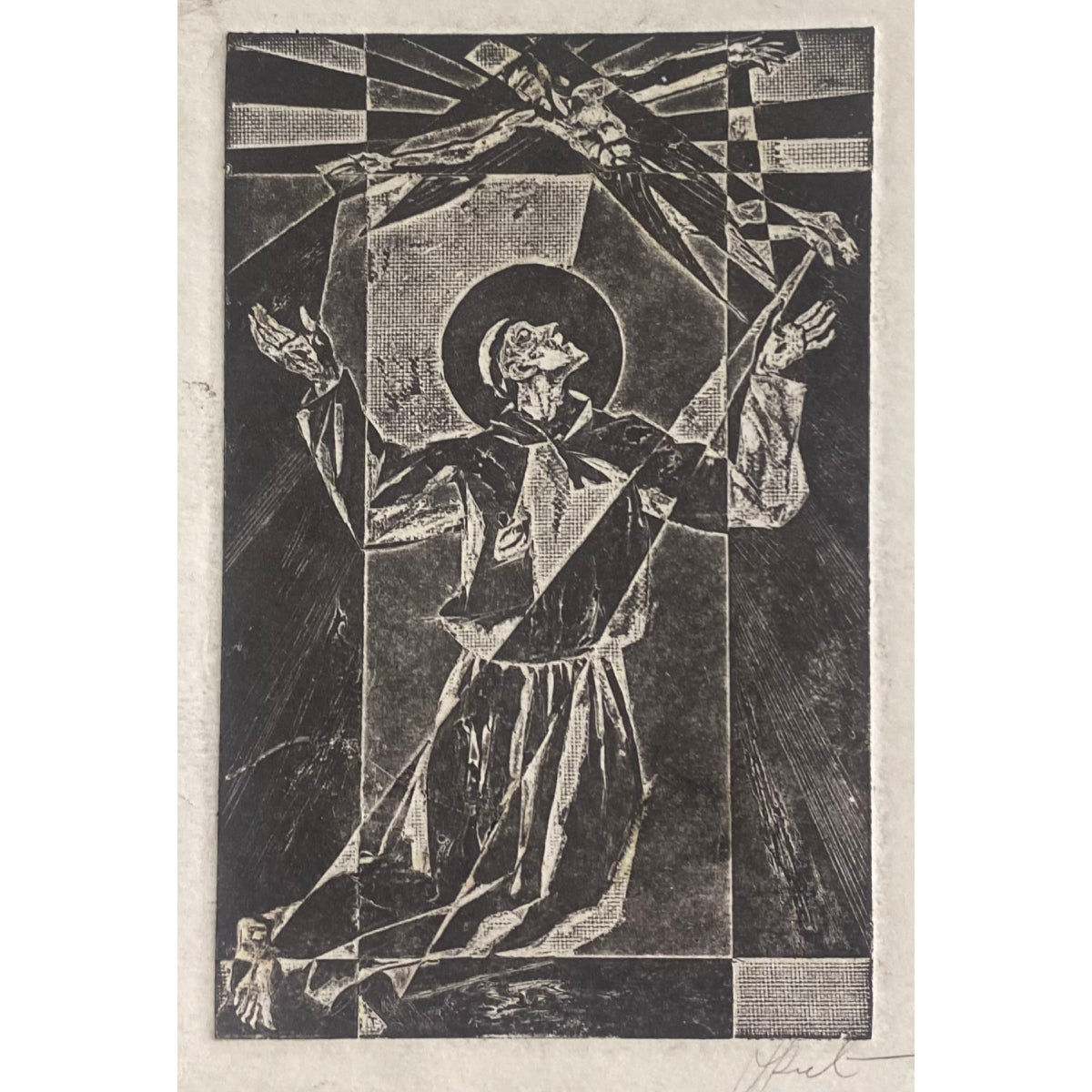 Antanas Kmieliauskas | Šv. Pranciškaus ekstazė | Pop., autorinė technika (spalv. tekstolito estampas), 13x8,5