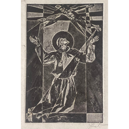 Antanas Kmieliauskas | Šv. Pranciškaus ekstazė | Pop., autorinė technika (spalv. tekstolito estampas), 13x8,5