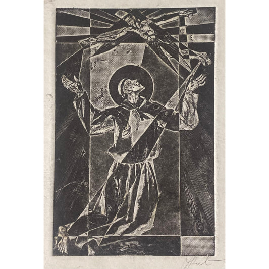 Antanas Kmieliauskas | Šv. Pranciškaus ekstazė | Pop., autorinė technika (spalv. tekstolito estampas), 13x8,5