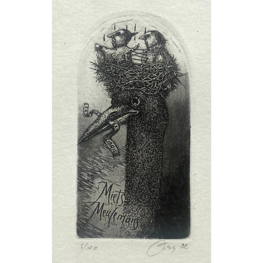 Nijolė Šaltenytė | Ekslibris Miets Meulemans, 1992 | Ofortas, akvatinta, 5/100, 10,5x5,5 (21x16)