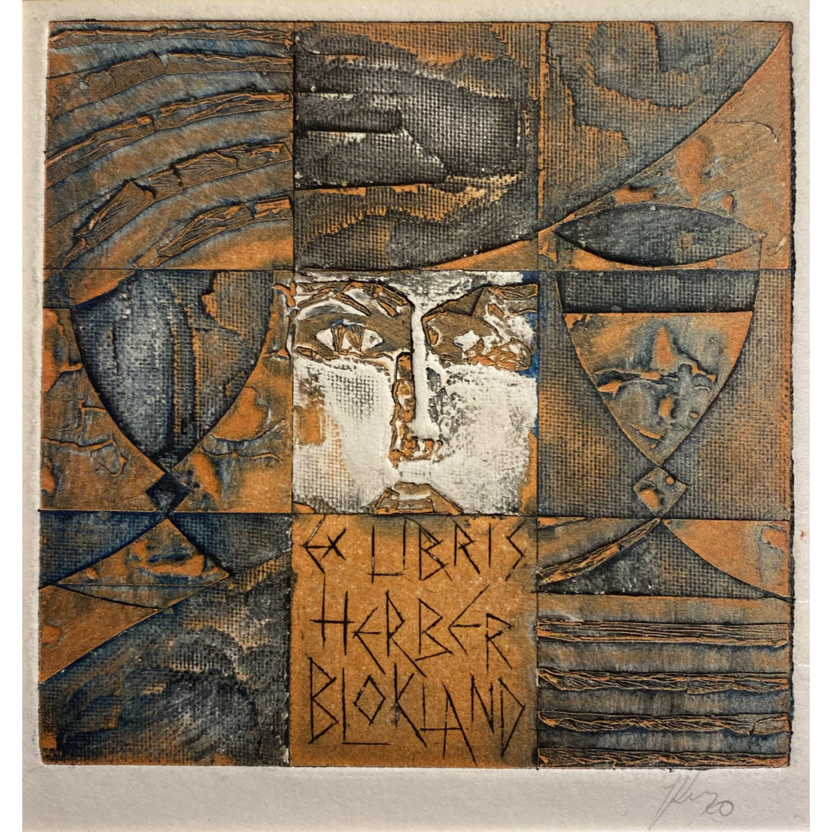 Antanas Kmieliauskas | Ekslibris Herber Blokland, 1970 | Pop., autorinė technika (spalv. tekstolito estampas), 9,4x9,4 (20x20)