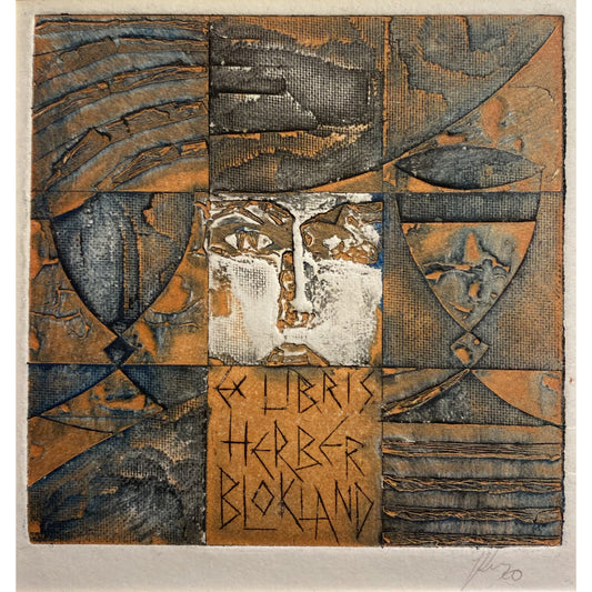 Antanas Kmieliauskas | Ekslibris Herber Blokland, 1970 | Pop., autorinė technika (spalv. tekstolito estampas), 9,4x9,4 (20x20)
