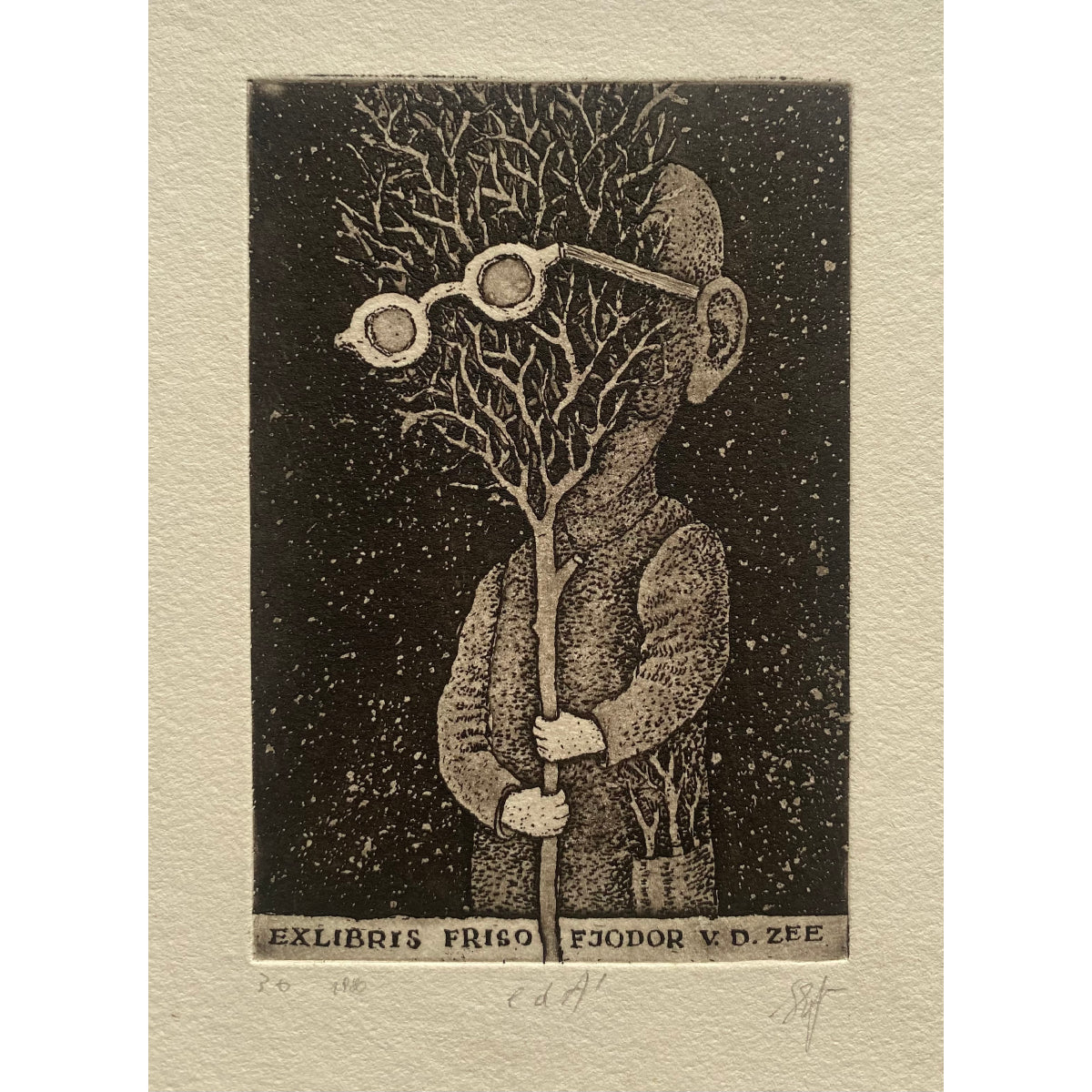 Stasys Eidrigevičius | Ekslibrisas Friso Fjodor V. D. Zee, 1980 | Ofortas, akvatinta, 9x6 (20,5x15,5)
