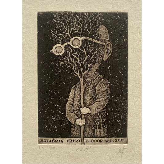 Stasys Eidrigevičius | Ekslibrisas Friso Fjodor V. D. Zee, 1980 | Ofortas, akvatinta, 9x6 (20,5x15,5)