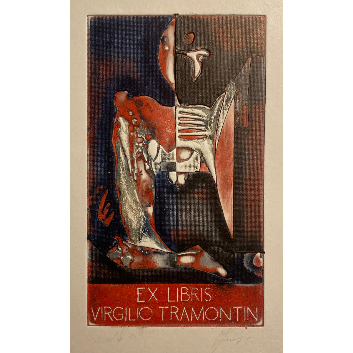 Antanas Kmieliauskas | Ex Libris Virgilio Tramontin, 1974 | Paper, author's technique (coloured textile lithograph), 12x7 (23x17)