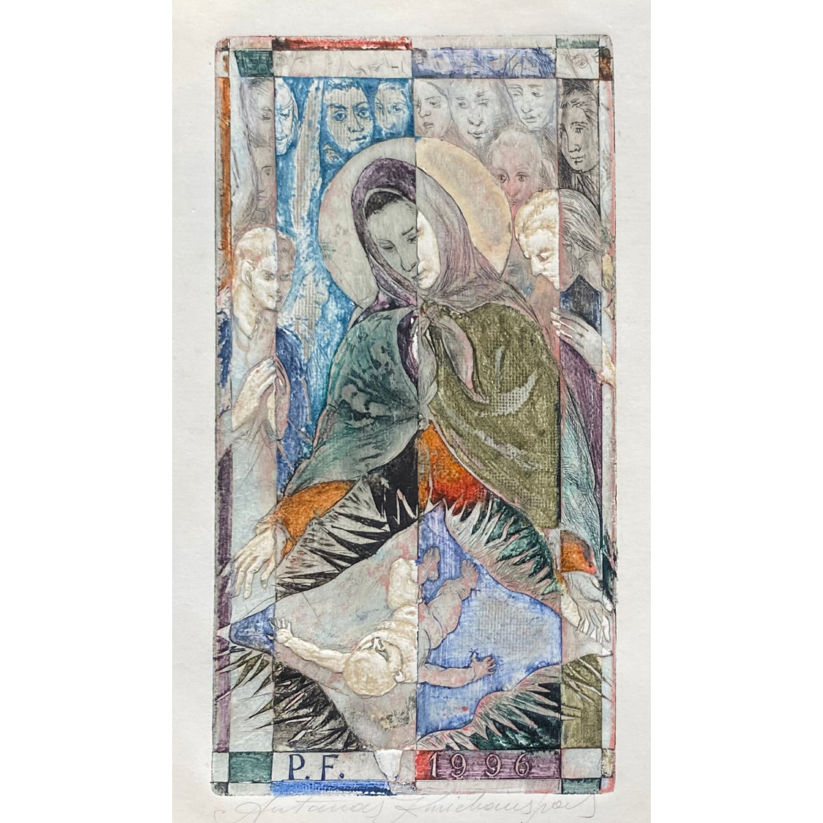Antanas Kmieliauskas | Greeting card to P.F. 1996 | Paper, author's technique (coloured textile lithograph), 14,5x7,5