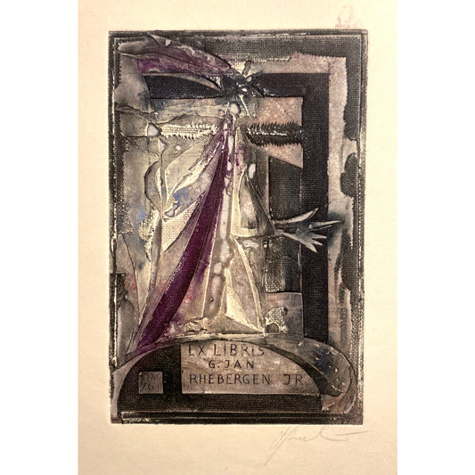 Antanas Kmieliauskas | Ekslibris G Jan Rhebergen Jr., 1980 | Pop., autorinė technika (spalv. tekstolito estampas), 10,5x6,8 (21x16)