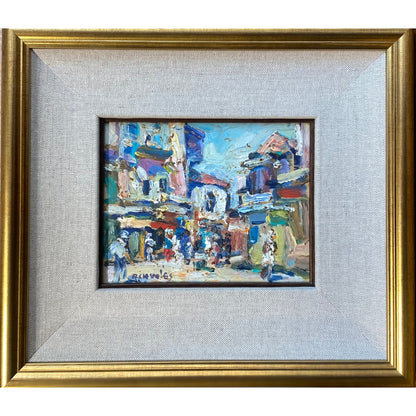 Rafael Chwoles | Old Town Arcade and Figures | Oil on cardboard, 15.5x18.5 (30x34)