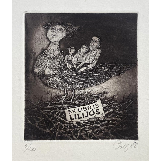 Nijolė Šaltenytė | Ekslibris Lilijanai, 1988 | Ofortas, akvatinta, 3/20, 8x7 (21x16)