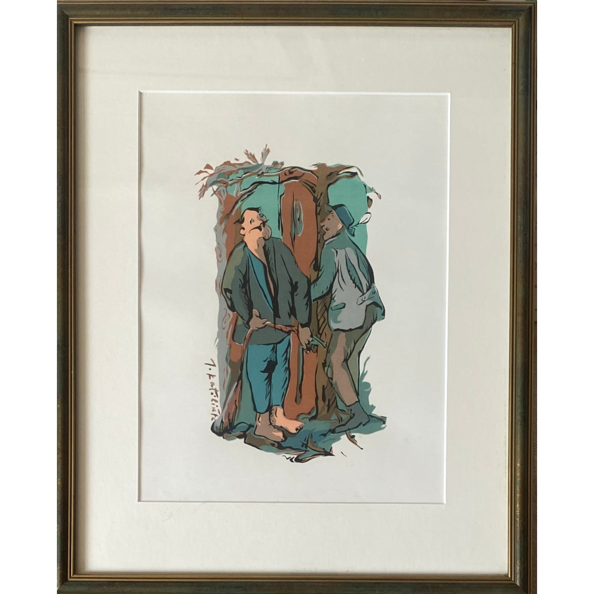 Juzefa (Juzė) Katiliūtė | Two men in the forest | Linocut, 33x25 (48x39)