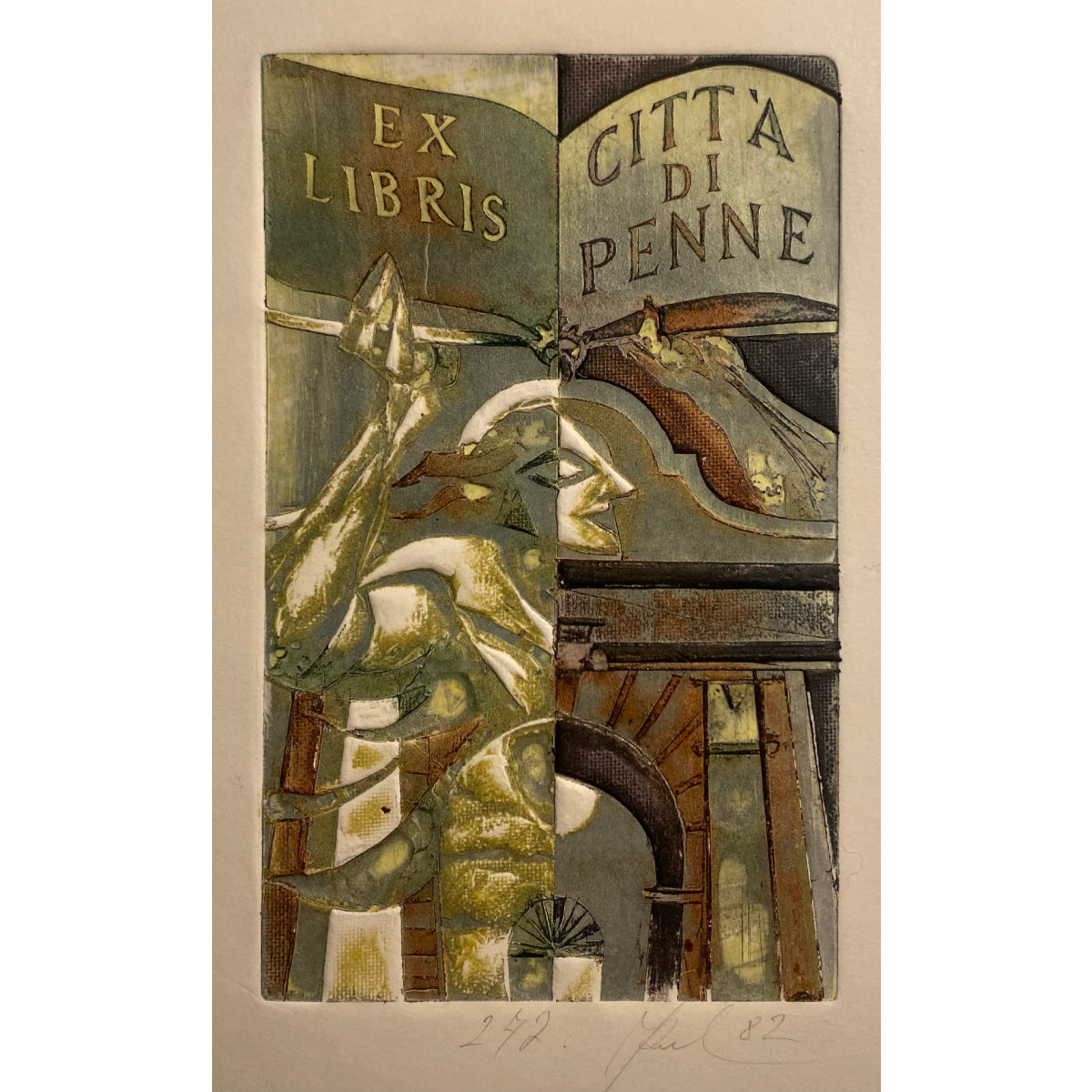 Antanas Kmieliauskas | Ekslibris Citt’a Di Penne, 1982 | Pop., autorinė technika (spalv. tekstolito estampas), 12,2x7,5 (23,5x18,5)
