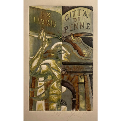 Antanas Kmieliauskas | Ekslibris Citt’a Di Penne, 1982 | Pop., autorinė technika (spalv. tekstolito estampas), 12,2x7,5 (23,5x18,5)