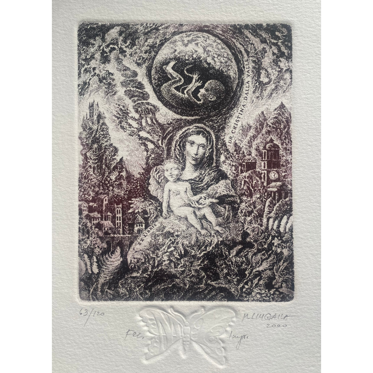 Marius Liugaila | Ekslibrisas Dr Christina Dalla Valle, 2000 | Popierius, ofortas, mecotintas, 12,2x9,5 (21x27)