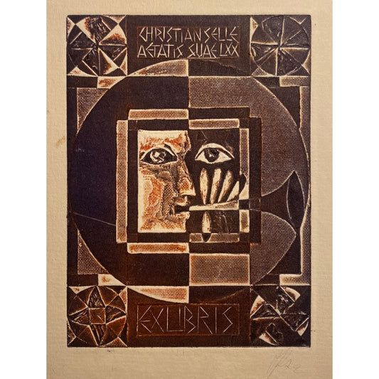 Antanas Kmieliauskas | Ekslibris Christian Selle, 1972 | Pop., autorinė technika (spalv. tekstolito estampas), 11,8x8,7( 23x17)