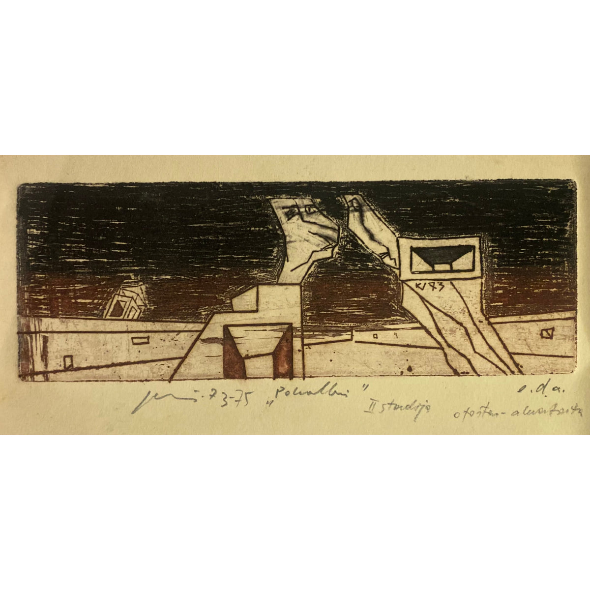 Vincas Kisarauskas | Pokalbis, 1973-75 | Ofortas, akvatinta, 6,5x18,3 (20x26)