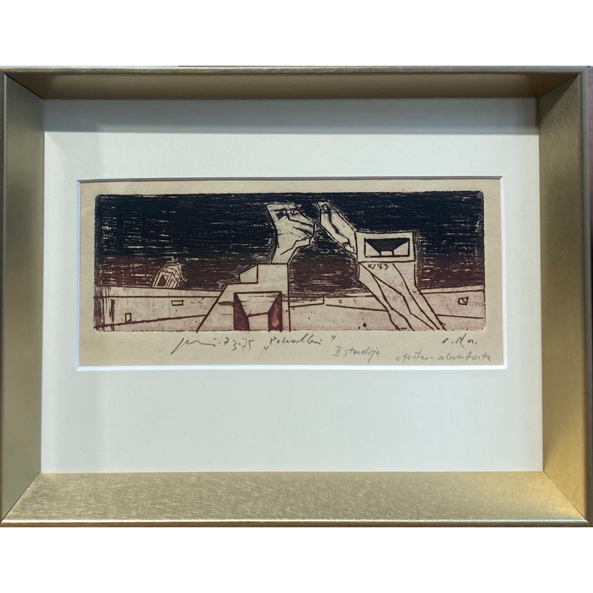 Vincas Kisarauskas | Pokalbis, 1973-75 | Ofortas, akvatinta, 6,5x18,3 (20x26)