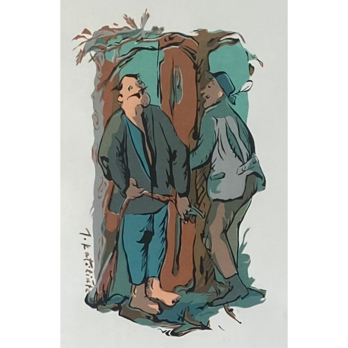 Juzefa (Juzė) Katiliūtė | Two men in the forest | Linocut, 33x25 (48x39)