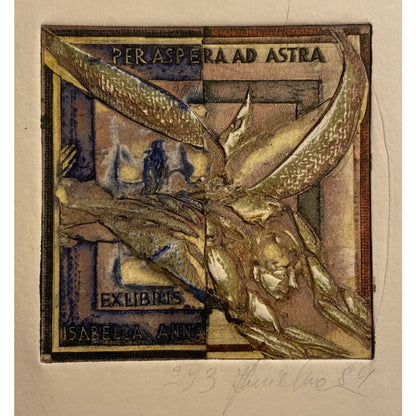 Antanas Kmieliauskas | Ekslibris Isabella Anna, 1984 | Pop., autorinė technika (spalv. tekstolito estampas), 6,9x6,9 (16.7x16.7)