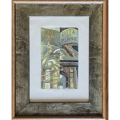 Antanas Kmieliauskas | Ekslibris Citt’a Di Penne, 1982 | Pop., autorinė technika (spalv. tekstolito estampas), 12,2x7,5 (23,5x18,5)