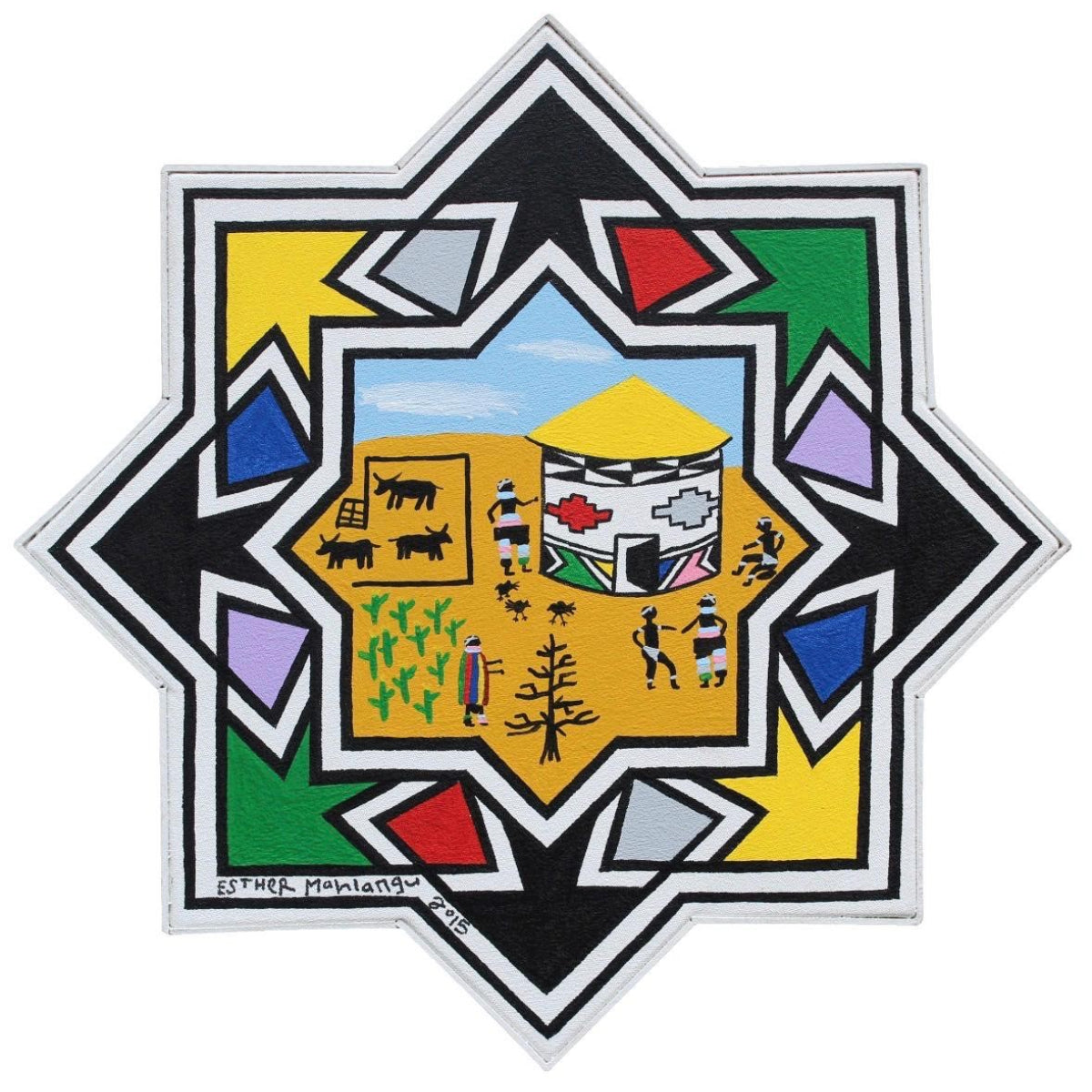 Esther Mahlangu (g. 1935, PAR) | Ndebele Dwelling, 2015 | Akrilas, drobė, 49,5x49,5 (51x51)