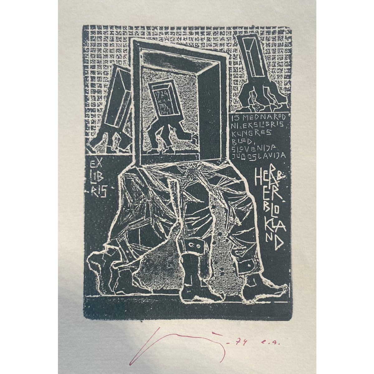 Vincas Kisarauskas | Ekslibrisas Herber Blokland, 1974 | Ofortas, 13,5x9,7 (21x16)