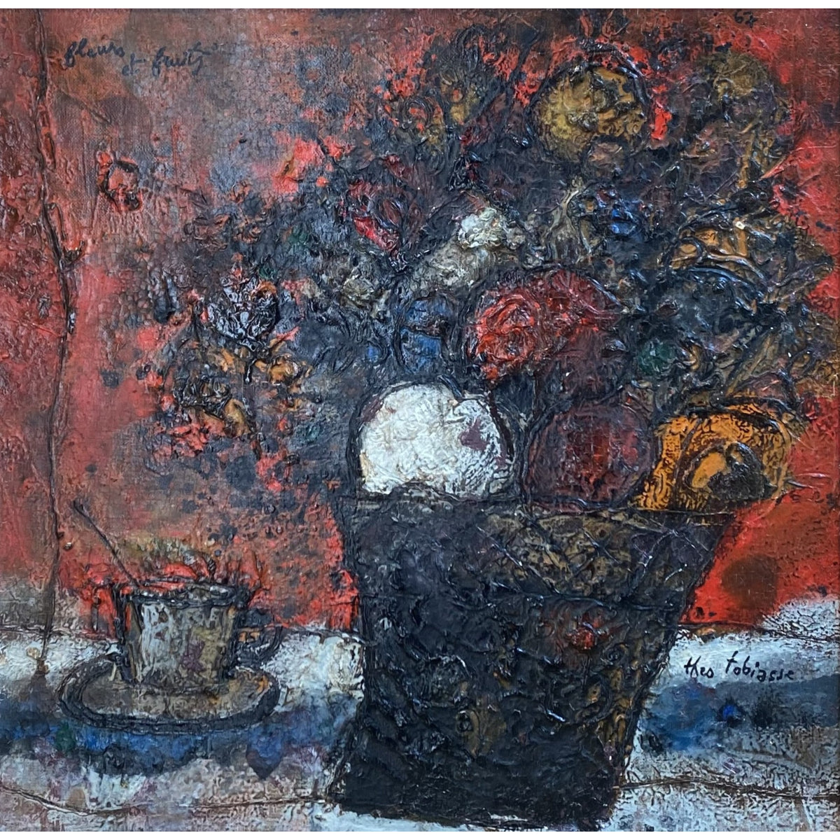 Theo Tobiasse | Fleurs et Fruits / Gelės ir vaisiai, 1967 | Drobė, aliejus, 40,5x40,5 (50x50)