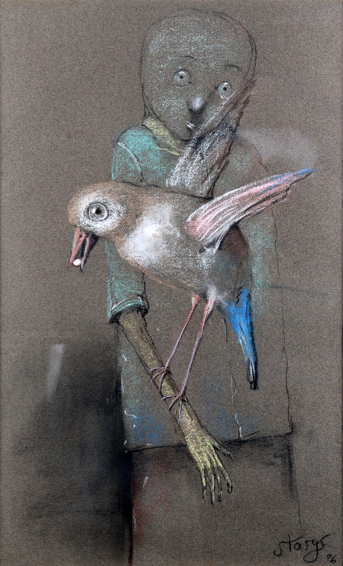 Stasys Eidrigevičius | Man with a Bird, 1996 | Pastel, paper, 51x31,5