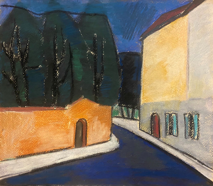 Jonas Švažas<br>Gatvelė prie Šv. Mykolo Bažnyčios, 1975<br>Pastelė, popierius, 36x41,5 (54x60)
