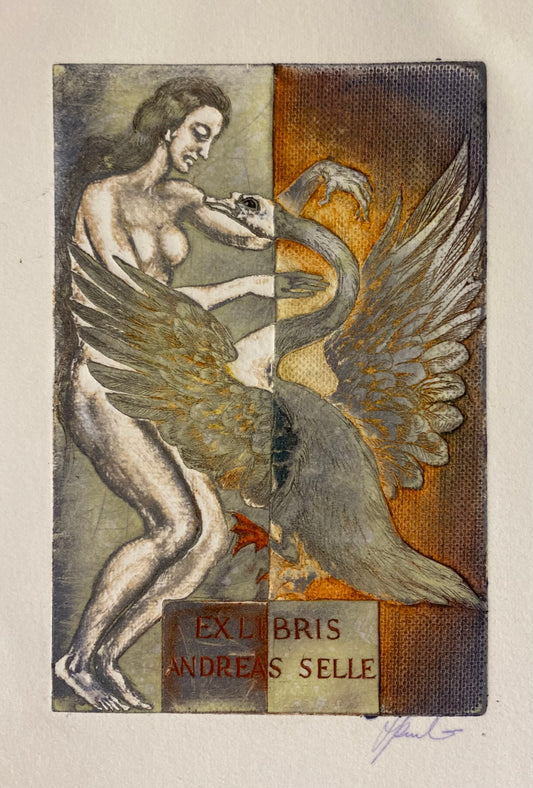 Antanas Kmieliauskas | Ekslibris Andreas Selle, 1993 | Pop., autorinė technika (spalv. tekstolito estampas), 11,5x7,5