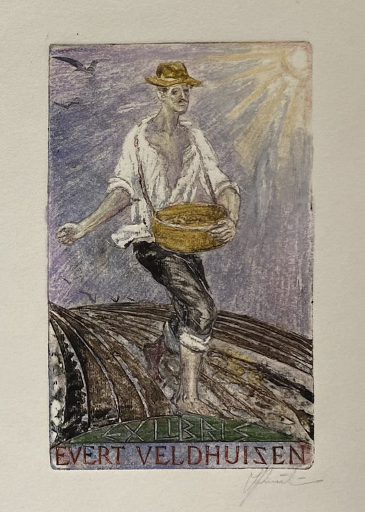 Antanas Kmieliauskas | Exlibris Evert Veldhuisen | Pop., autorinė technika (spalv. tekstolito estampas), 11x7