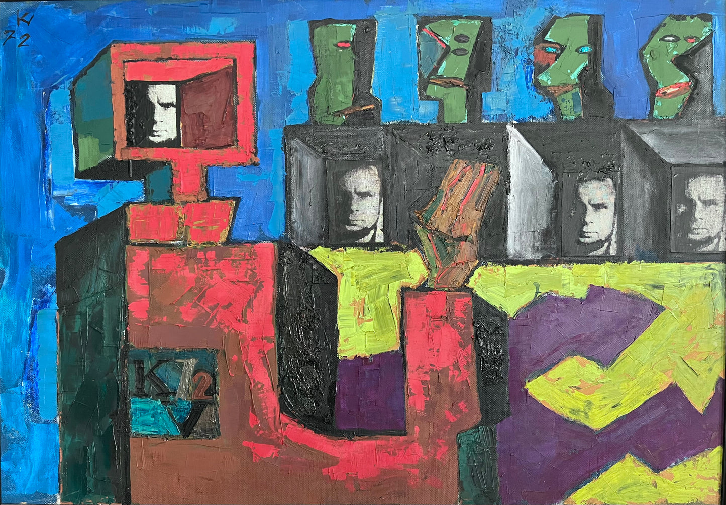 Vincas Kisarauskas | Keturi autoportretai su keturiais stebėtojais, 1972 | Aliejus, kartonas, 87x122 (89x127)