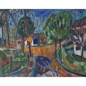 Viktoras Vizgirda | Landscape with Houses / Peizažas su namais, 1962 | Aliejus drobė, 60x77 (80x96)