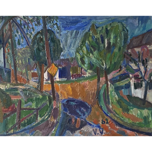 Viktoras Vizgirda | Landscape with Houses / Peizažas su namais, 1962 | Aliejus drobė, 60x77 (80x96)