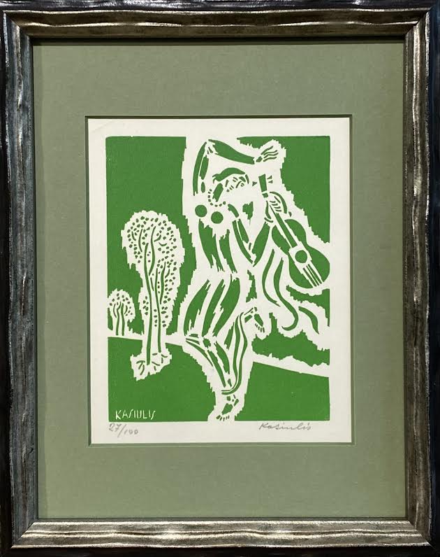 Vytautas Kasiulis | Girl with a guitar | Linocut, 27/100, 13.5x10.5 (25x20)