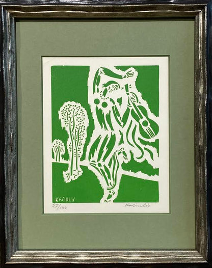 Vytautas Kasiulis | Girl with a guitar | Linocut, 27/100, 13.5x10.5 (25x20)