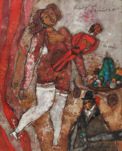 Theo Tobiasse | L'Enfant qui nait et le marchand de fruits, 1970 | Aliejus ant drobės, 81x65