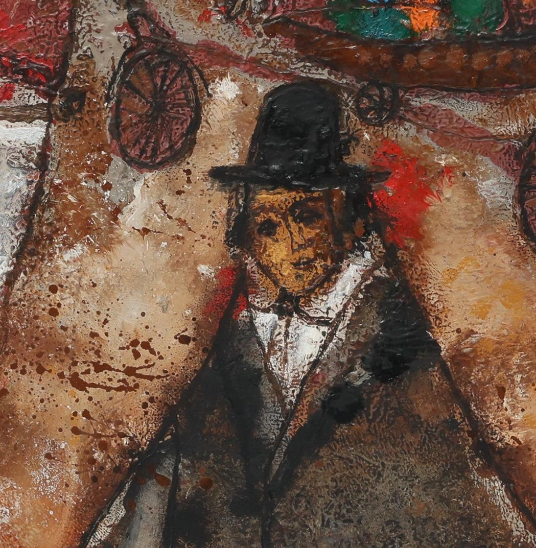 Theo Tobiasse | L'Enfant qui nait et le marchand de fruits / Gimęs vaikas ir vaisių pardavėjas, 1970 | Aliejus ant drobės, 81x65 (89x73)