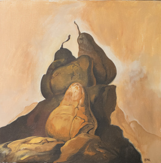 Samuel Bak | Pears in a Mountainscape, 1979-1981 | Drobė, akrilas, aliejus, 50x50
