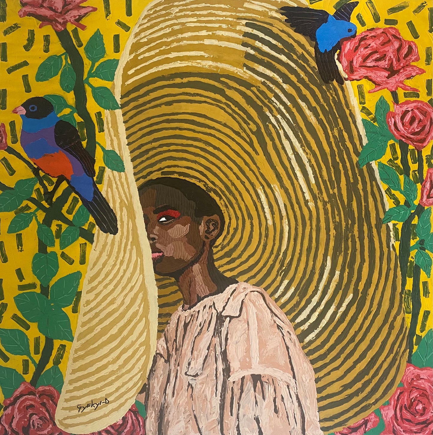 Daniel Gyekyi Gyan (Gana) | Po kepure / Under the Hat, 2022 | Drobė, akrilas, 128 × 128 cm